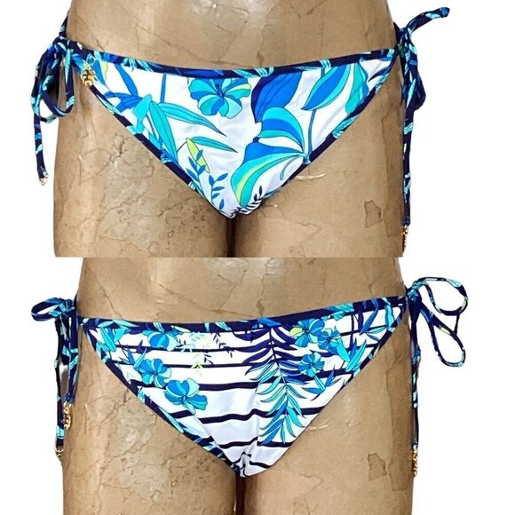 Aerie High Neck Halter Top L & Reversible String Bikini Bottom Blue White 291C - Picture 3 of 13